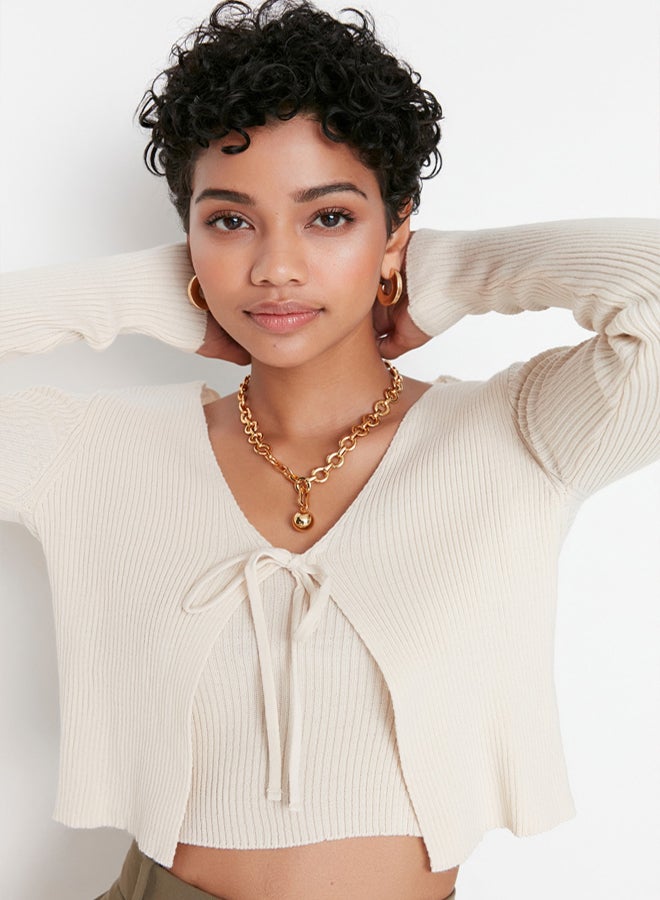 trendyol Stone Crop Tie Detail Blouse-Cardigan Knitwear Suit Knitwear Cardigan - Image 1