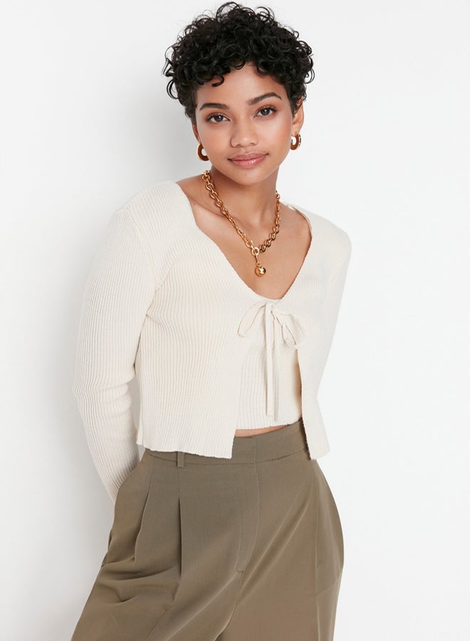 trendyol Stone Crop Tie Detail Blouse-Cardigan Knitwear Suit Knitwear Cardigan - Image 2