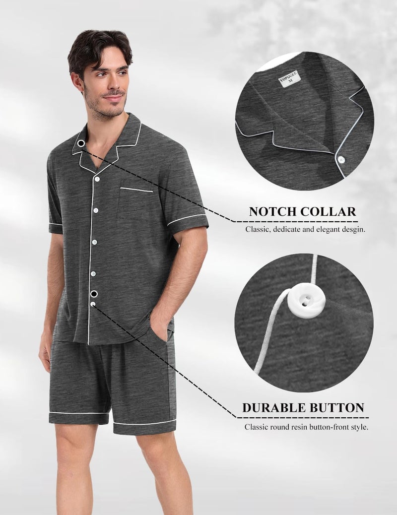 YOPUGEE Men's Modal Short Sleeve Pajama Sets Button Down Notched Collar Sleepwear Soft Lounge Pjs with Pockets, Dark Grey-XXL - Image 3