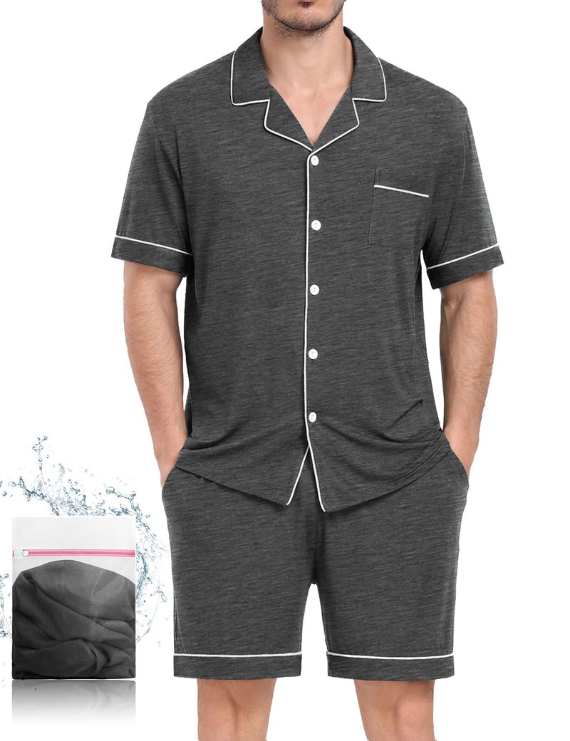 YOPUGEE Men's Modal Short Sleeve Pajama Sets Button Down Notched Collar Sleepwear Soft Lounge Pjs with Pockets, Dark Grey-XXL - Image 1