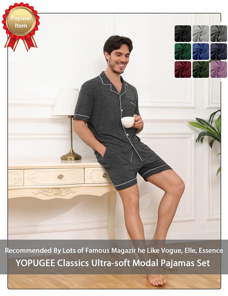 YOPUGEE Men's Modal Short Sleeve Pajama Sets Button Down Notched Collar Sleepwear Soft Lounge Pjs with Pockets, Dark Grey-XXL - Image 5