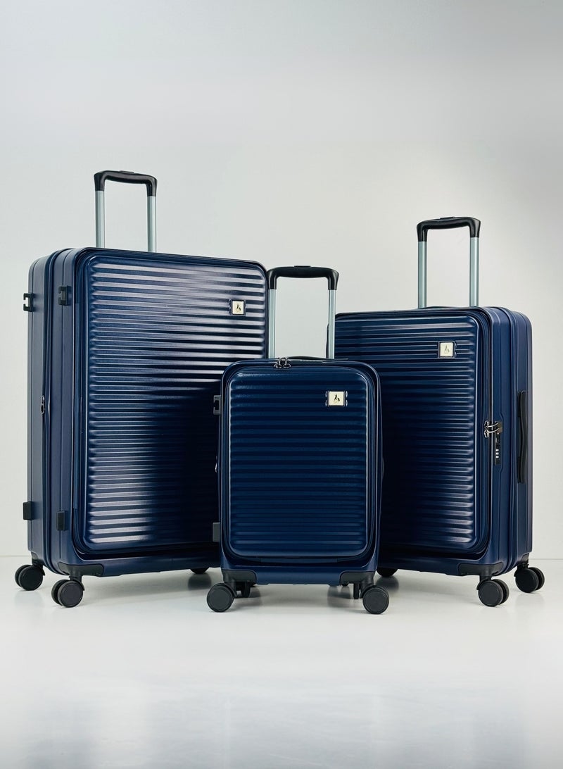 SAW & SEE STYLISH PP + PC FRONT OPEN LIGHT WEIGHT LUGGAGE BAG SET OF 3 PIECES DEDICATED LAPTOP KEEPING AREA, ANTI THEFT ZIPPER, 360 DEGREE ROTATING WHEELS AND TSA APPROVED LOCK HARD SHELL SUITCASE SET- 20"/24"/28" (12 KG-23 KG-35KG) - DARK BLUE - Image 1