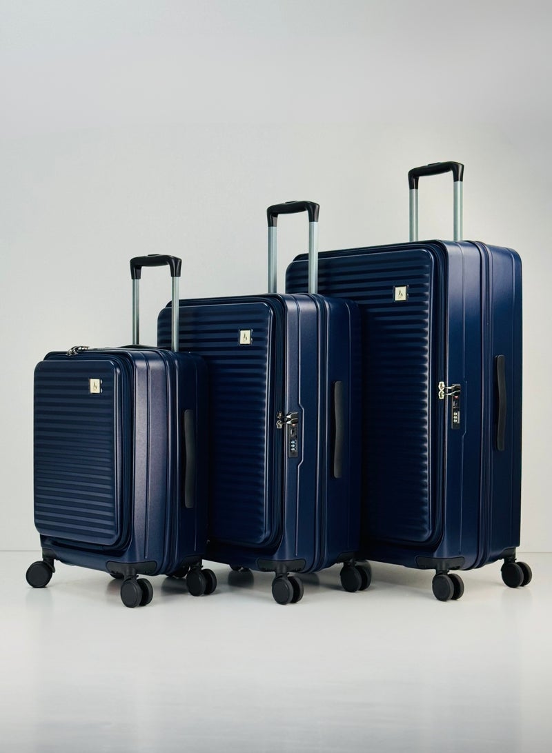 SAW & SEE STYLISH PP + PC FRONT OPEN LIGHT WEIGHT LUGGAGE BAG SET OF 3 PIECES DEDICATED LAPTOP KEEPING AREA, ANTI THEFT ZIPPER, 360 DEGREE ROTATING WHEELS AND TSA APPROVED LOCK HARD SHELL SUITCASE SET- 20"/24"/28" (12 KG-23 KG-35KG) - DARK BLUE - Image 2