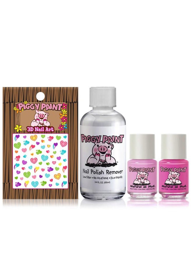 Piggy Paint طلاء أظافر بنات غير سام 100% | آمن، خالي من القسوة، نباتي، وذو رائحة منخفضة للأطفال | وردي بشكل مثالي (2 طلاء، 1 مزيل و مجموعة هدايا فن الأظافر) - Image 2