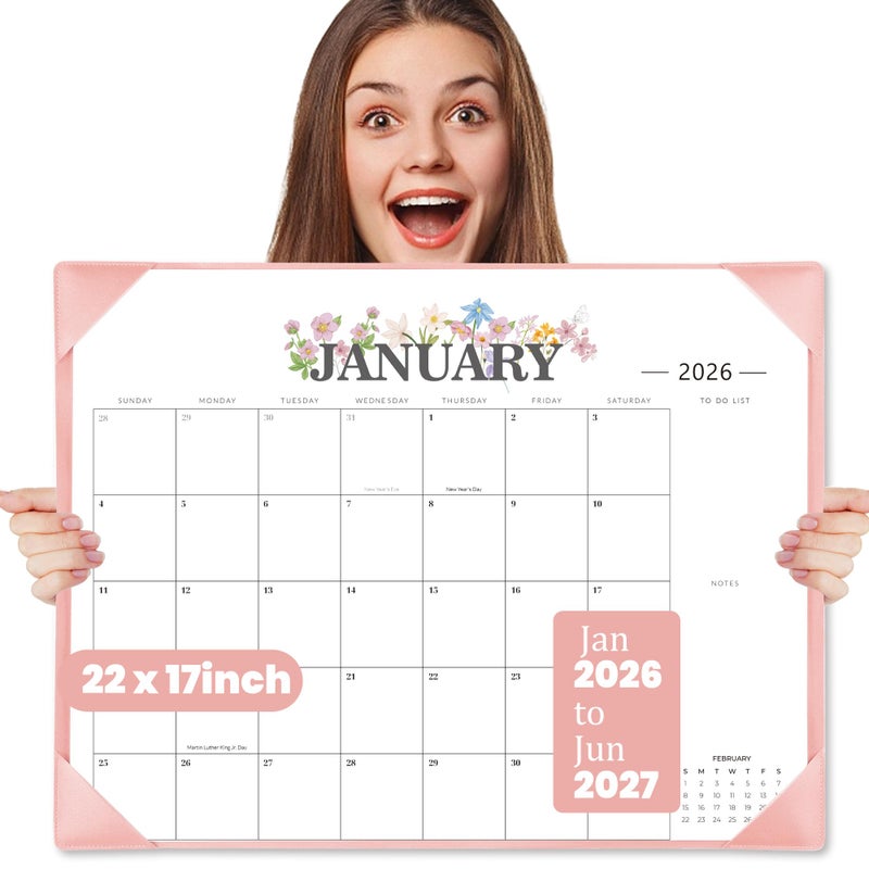 Telihao 2026 Desk Calendar - 18 Month Desktop Calendars (Jan 2026â€“Jun 2027),Large 22x17 Monthly Calendar with Home & Office Floral Desk Pad Calendars (Pink, 22*17) - Image 1