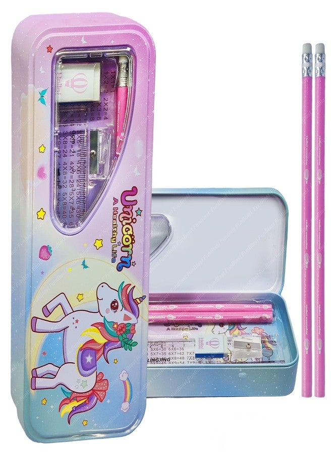 FunBlast Metal Pencil Box Case with Pencil, Eraser, Sharpener Unicorn Stationery Set Double Layer Pencil Case Stationary Organizer for Kids Birthday Return Gift for Kids (Multicolor ) - Image 1
