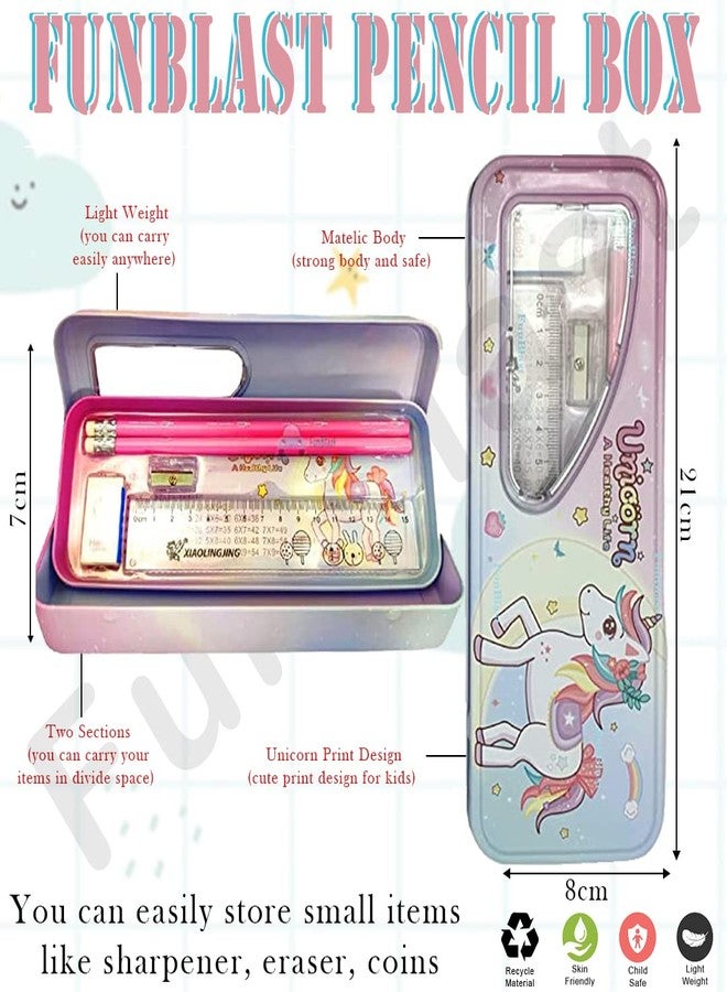 FunBlast Metal Pencil Box Case with Pencil, Eraser, Sharpener Unicorn Stationery Set Double Layer Pencil Case Stationary Organizer for Kids Birthday Return Gift for Kids (Multicolor ) - Image 3