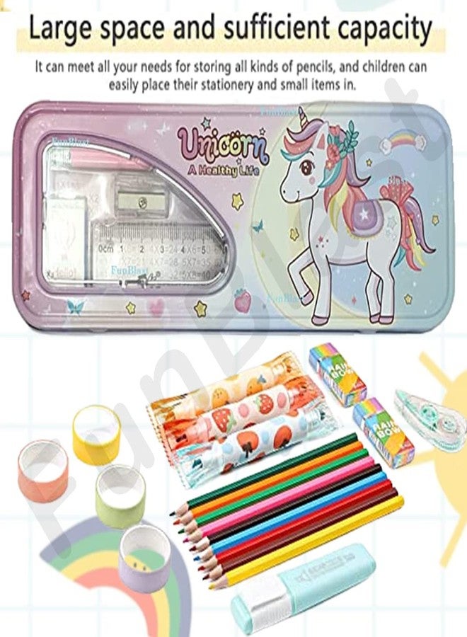 FunBlast Metal Pencil Box Case with Pencil, Eraser, Sharpener Unicorn Stationery Set Double Layer Pencil Case Stationary Organizer for Kids Birthday Return Gift for Kids (Multicolor ) - Image 2