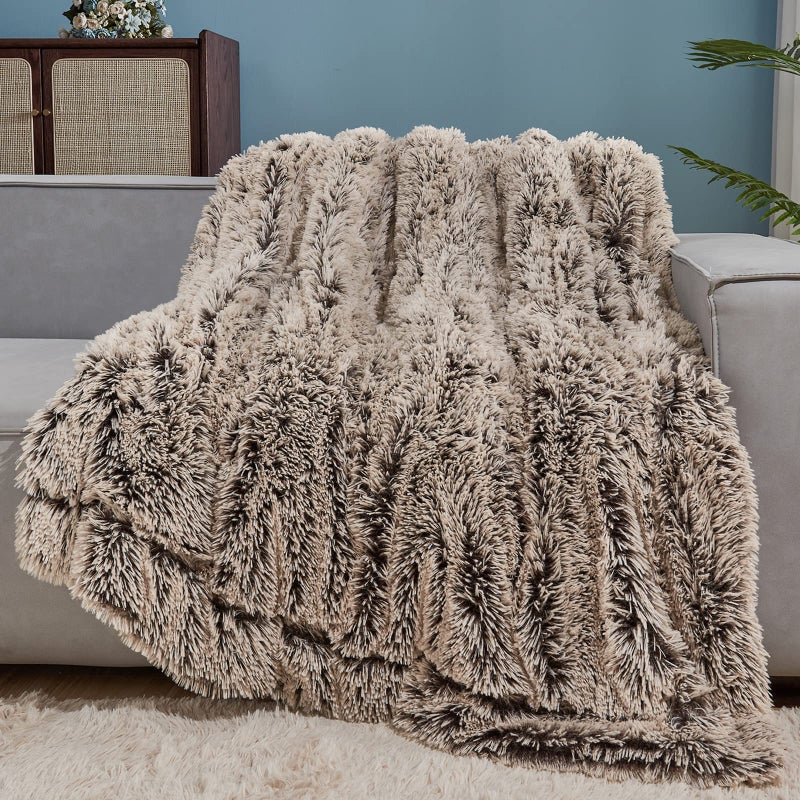 GONAAP Fuzzy Faux Fur Throw Blanket Twin Size Frosty Brown Super Soft Cozy Plush Fuzzy Shaggy Blanket for Couch Sofa Bed Frosty Brown Twin60x80