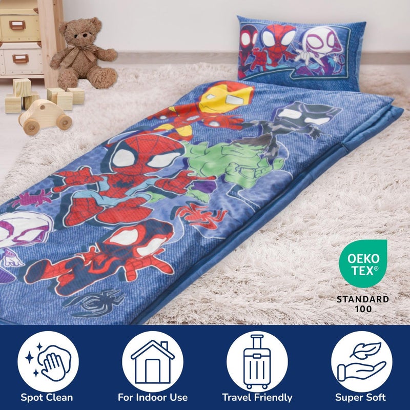 Jay Franco Kids Slumber Bag and Pillow - 54 x 27 Inch Comfy Indoor Sleeping Bag for School and Sleepovers  2 Piece Set  Blue - Spidey & His Amazing Friends - Image 3