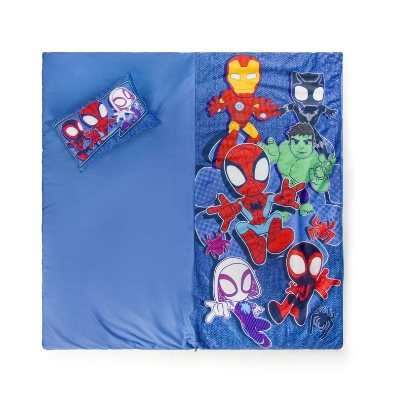 Jay Franco Kids Slumber Bag and Pillow - 54 x 27 Inch Comfy Indoor Sleeping Bag for School and Sleepovers  2 Piece Set  Blue - Spidey & His Amazing Friends - Image 4