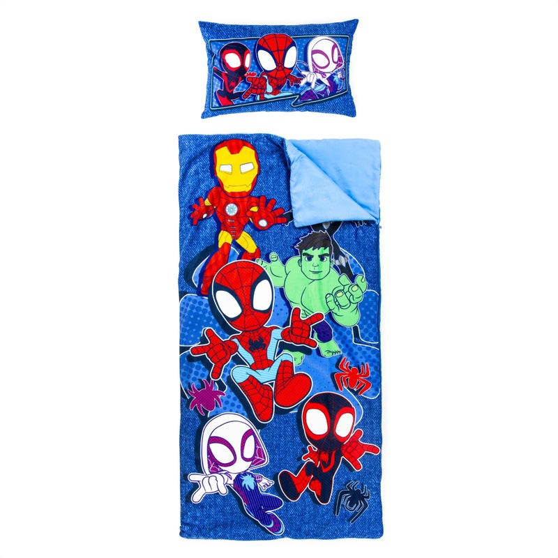 Jay Franco Kids Slumber Bag and Pillow - 54 x 27 Inch Comfy Indoor Sleeping Bag for School and Sleepovers  2 Piece Set  Blue - Spidey & His Amazing Friends - Image 1