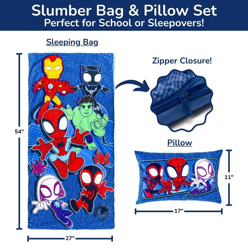 Jay Franco Kids Slumber Bag and Pillow - 54 x 27 Inch Comfy Indoor Sleeping Bag for School and Sleepovers  2 Piece Set  Blue - Spidey & His Amazing Friends - Image 2