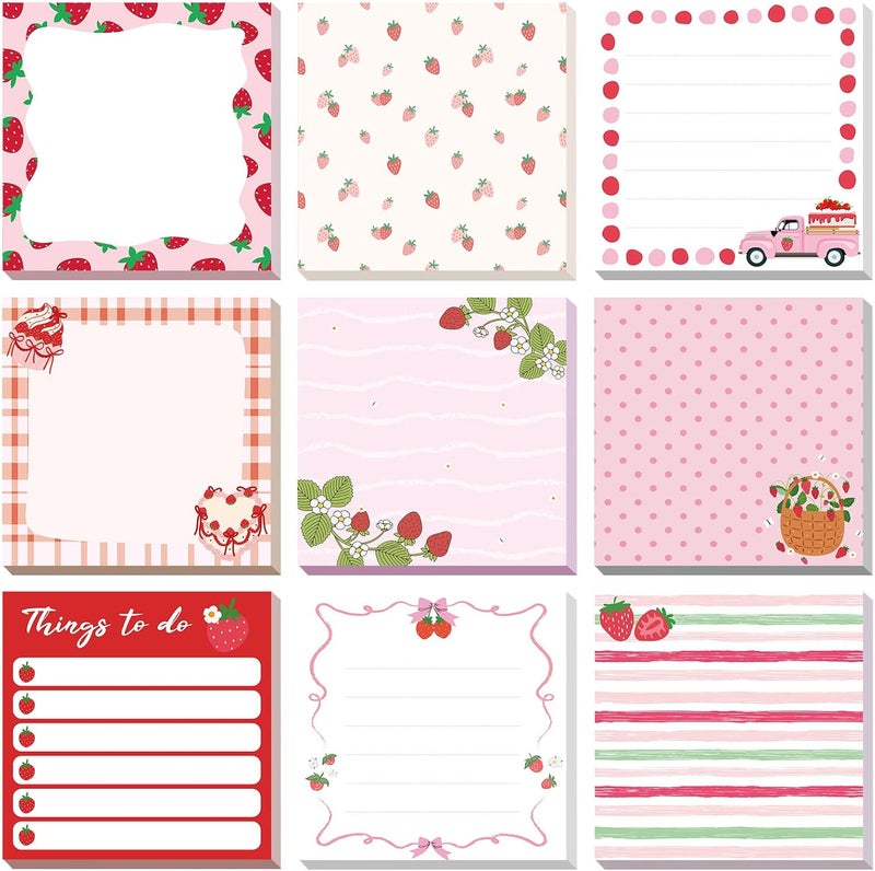 Saypacck 9 Pads Strawberry Sticky Notes 3x3 Inch Cute Self Stick Notepads Notes Adhesive Memo Pad Office Decor Gifts for Students School Teacher Meeting Office Supplies - Image 1