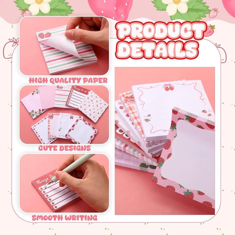 Saypacck 9 Pads Strawberry Sticky Notes 3x3 Inch Cute Self Stick Notepads Notes Adhesive Memo Pad Office Decor Gifts for Students School Teacher Meeting Office Supplies - Image 3
