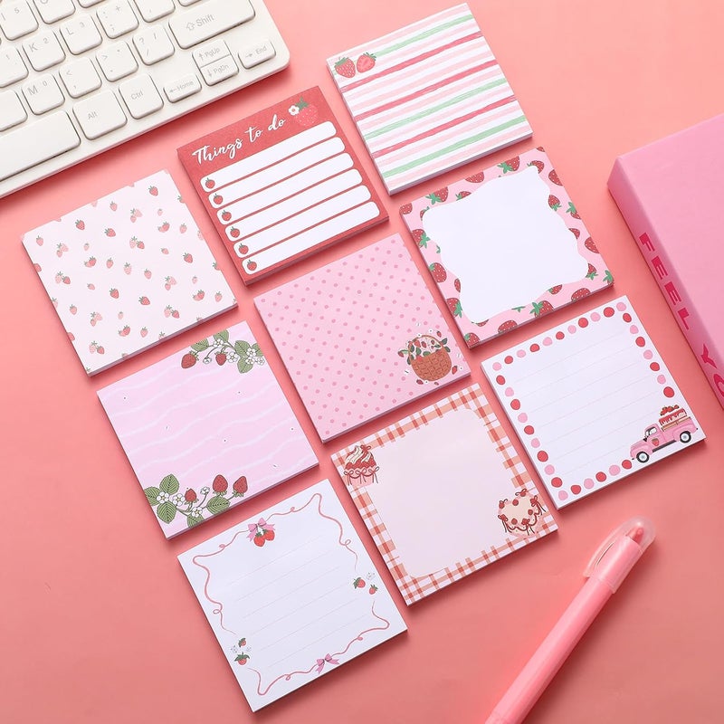 Saypacck 9 Pads Strawberry Sticky Notes 3x3 Inch Cute Self Stick Notepads Notes Adhesive Memo Pad Office Decor Gifts for Students School Teacher Meeting Office Supplies - Image 5