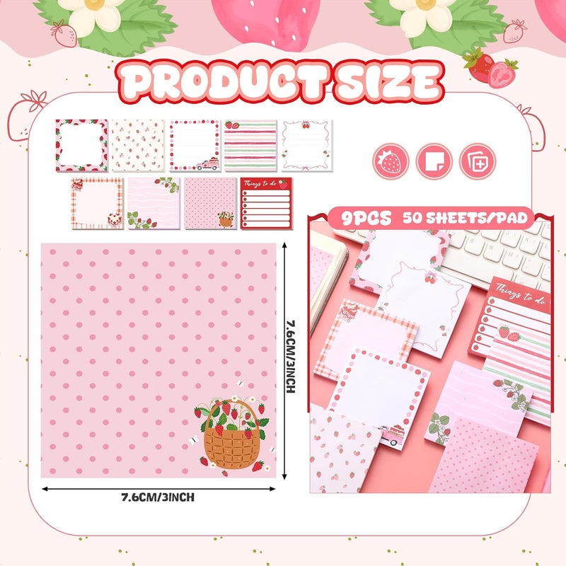 Saypacck 9 Pads Strawberry Sticky Notes 3x3 Inch Cute Self Stick Notepads Notes Adhesive Memo Pad Office Decor Gifts for Students School Teacher Meeting Office Supplies - Image 2