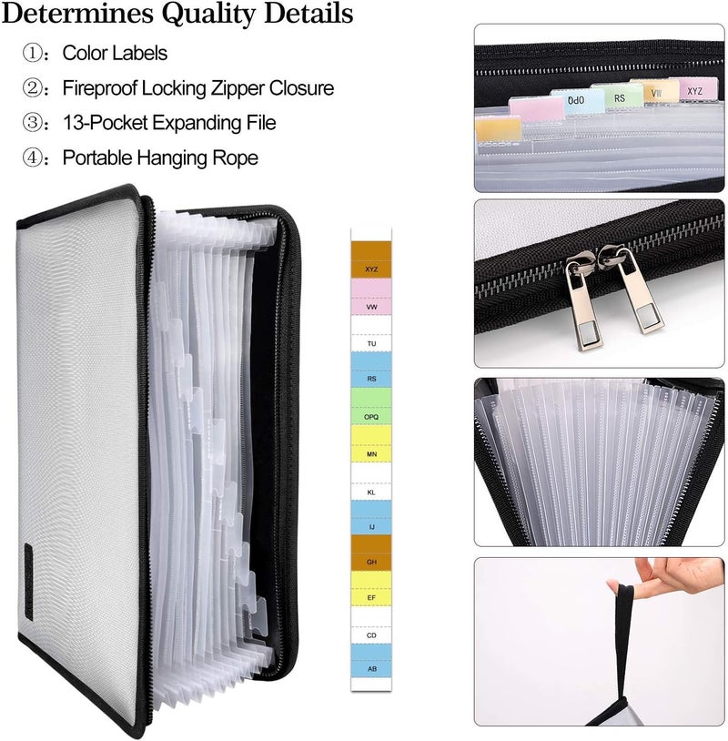 ENGPOW Expanding File Folder Important Document Organizer Fireproof and Waterproof Document Bag with A4 Size 13 Pockets Zipper Closure Non-Itchy Silicone Coated Portable Filing Wallet Pouch(Silver) - Image 4
