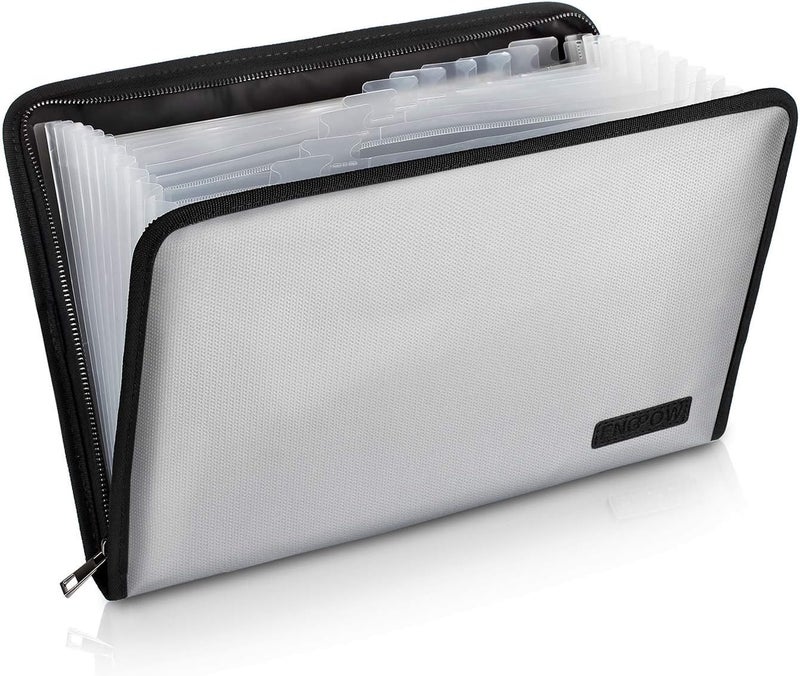 ENGPOW Expanding File Folder Important Document Organizer Fireproof and Waterproof Document Bag with A4 Size 13 Pockets Zipper Closure Non-Itchy Silicone Coated Portable Filing Wallet Pouch(Silver) - Image 1