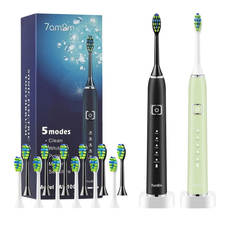 7AM2M Sonic Electric Toothbrush with 6 Brush Heads for Adults and Kids One Charge for 90 Days Wireless Fast Charge 5 Modes with 2 Minutes Built in Smart Timer Electric ToothbrushesGreenBlack