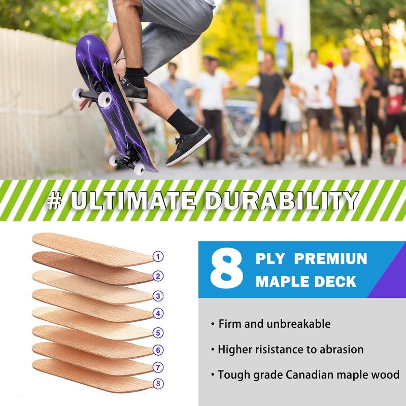 CLYCTIP Skateboard,31 x 8 Inch Complete Skateboard, 8-Layer Maple Wood Deck Double Kick Standard Skateboards for Kids, Teens, Adult, Beginner (Purple) - Image 4