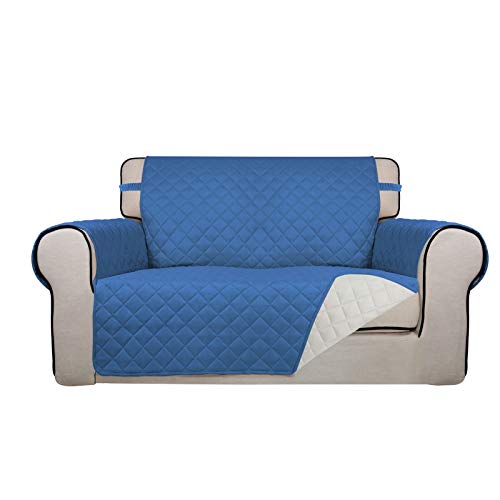 PureFit Reversible Quilted Sofa Cover Water Resistant Medium Slipcover Furniture Protector Washable Couch Cover with Non Slip Foam and Elastic Straps for Kids Dogs Pets Loveseat BlueIvory