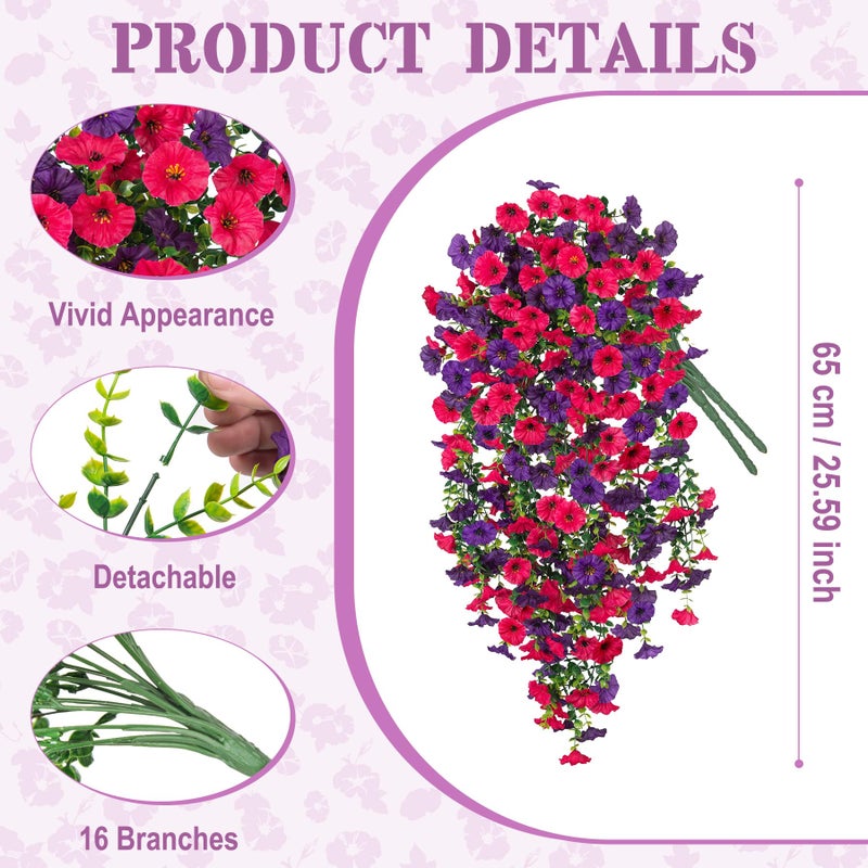 Hrobek Artificial Hanging Flowers for Outdoor, 2pcs Fake Plants Long Vine Morning Glory Eucalyptus, Spring Summer UV Resistant Realistic Faux Greenery Indoor Outside Patio Porch Garden Decor, Hot Pink Purple - Image 2