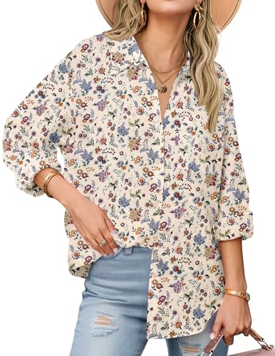 Zeagoo Khaki Linen Shirt Women Floral Printed Blouse Long Sleeve Button Up Tops Cream Floral - Image 1