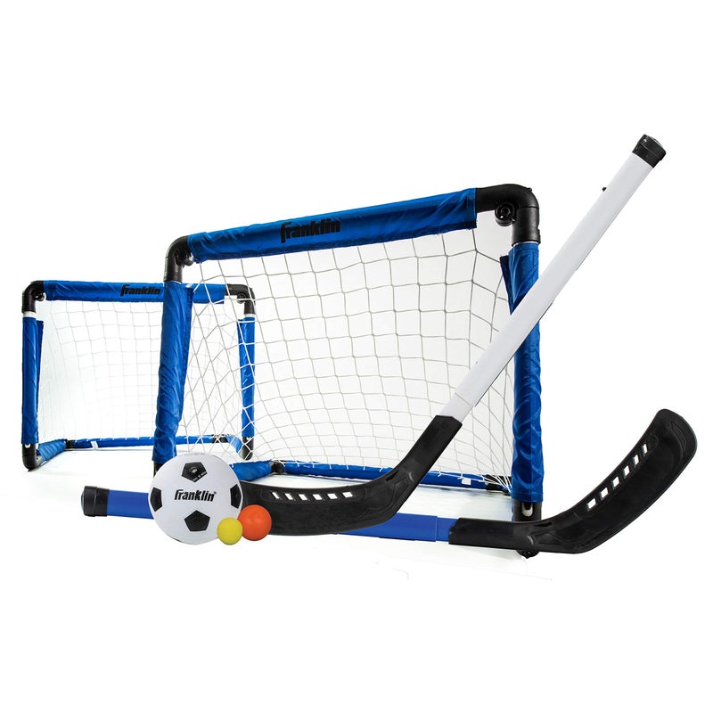 Franklin Sports Indoor Mini Goal Sports Set 3 in 1 Kids Indoor Goal Set Indoor Mini Floor Hockey Knee Hockey and Mini Soccer Set for Kids Blue 22 x 175Inch