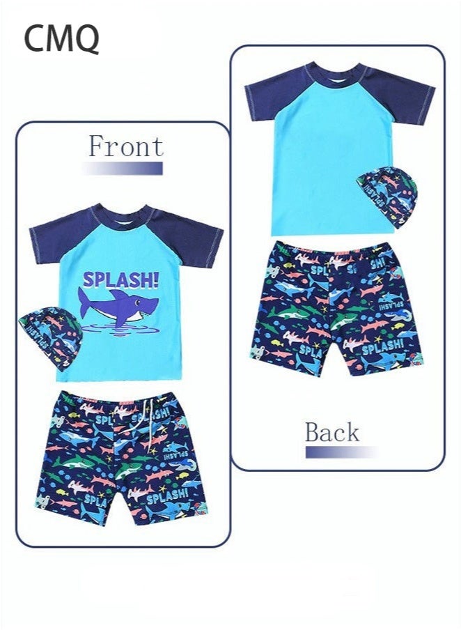 Generic 3 Piece Kids Swimsuit with Cap Set Toddler Boys Letter Shark Print Swimwear Children Swimming Trunks Short Sleeves Clothing Beachwear Bathing Suit for Summer Blue/Multicolor  - Image 2