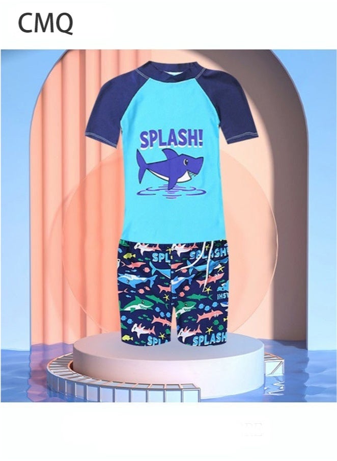 Generic 3 Piece Kids Swimsuit with Cap Set Toddler Boys Letter Shark Print Swimwear Children Swimming Trunks Short Sleeves Clothing Beachwear Bathing Suit for Summer Blue/Multicolor  - Image 1