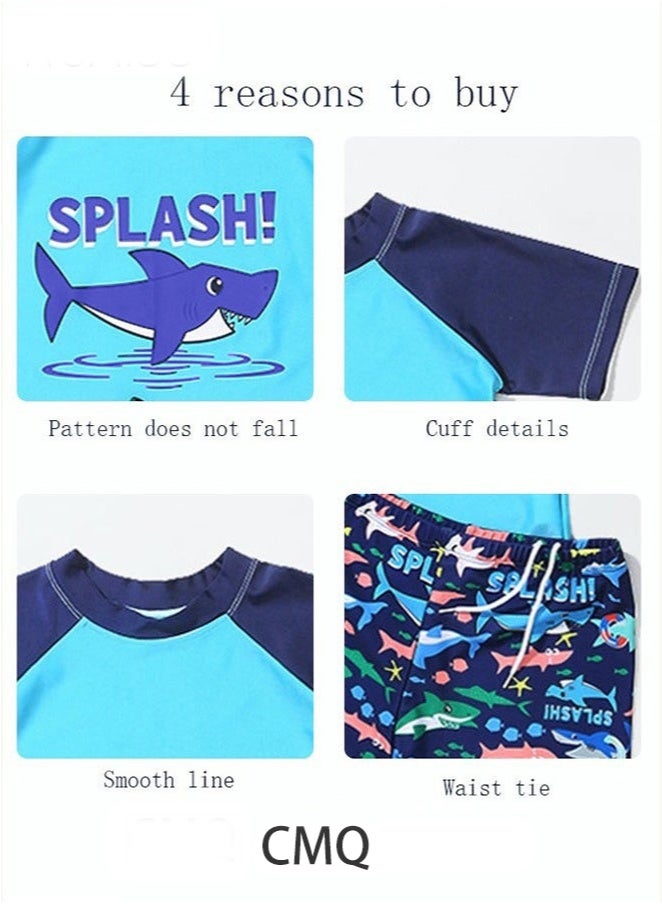 Generic 3 Piece Kids Swimsuit with Cap Set Toddler Boys Letter Shark Print Swimwear Children Swimming Trunks Short Sleeves Clothing Beachwear Bathing Suit for Summer Blue/Multicolor  - Image 4