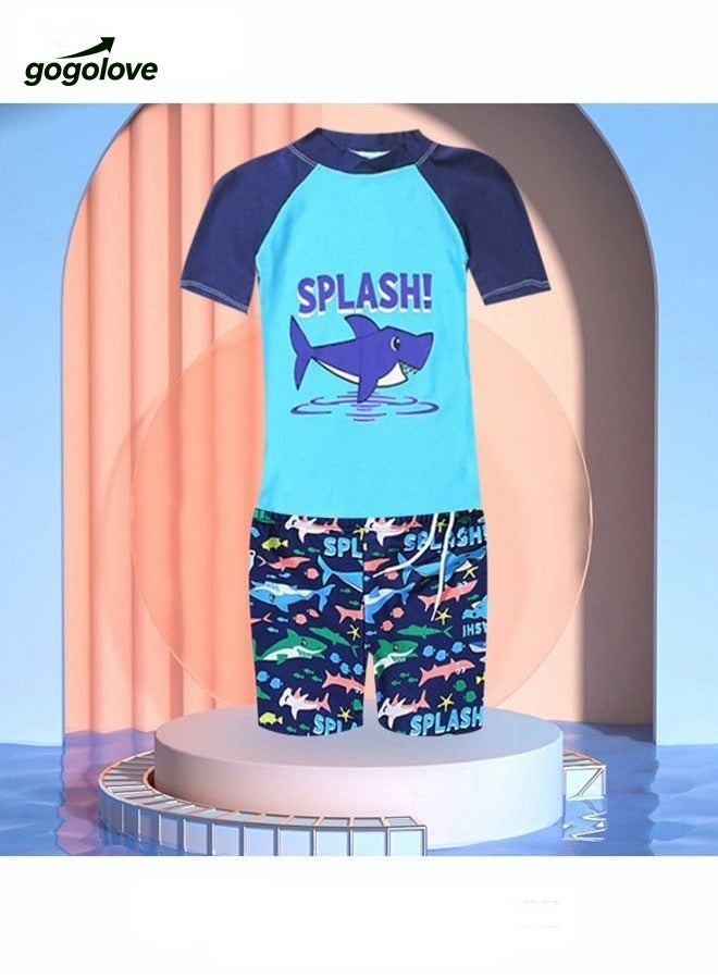 gogolove 3 Piece Kids Swimsuit with Cap Set Toddler Boys Letter Shark Print Swimwear Children Swimming Trunks Short Sleeves Clothing Beachwear Bathing Suit for Summer Blue/Multicolor - Image 2