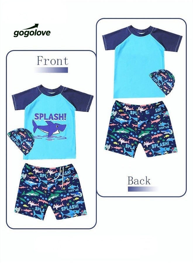 gogolove 3 Piece Kids Swimsuit with Cap Set Toddler Boys Letter Shark Print Swimwear Children Swimming Trunks Short Sleeves Clothing Beachwear Bathing Suit for Summer Blue/Multicolor - Image 1