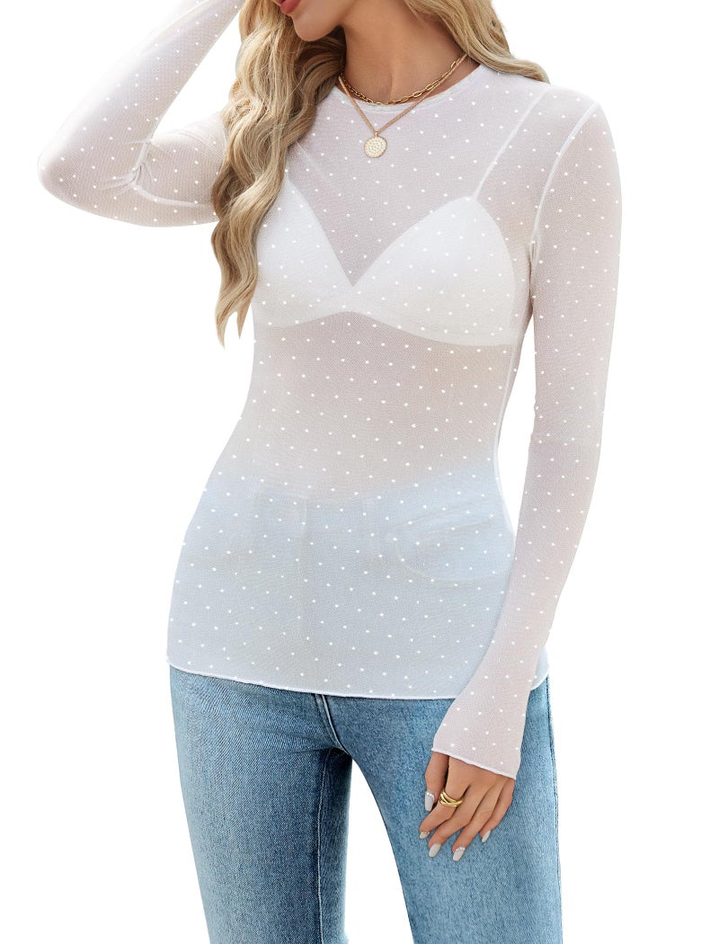 OFEEFAN Lace Tops for Women Sexy Top Mesh Long Sleeve Tops Slim Fitted Sheer Undershirt Trendy Summer Going Out Crewneck Shirts See Through Blouses White Dots L - Image 3