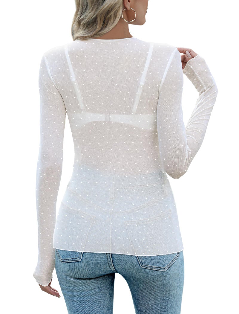 OFEEFAN Lace Tops for Women Sexy Top Mesh Long Sleeve Tops Slim Fitted Sheer Undershirt Trendy Summer Going Out Crewneck Shirts See Through Blouses White Dots L - Image 4