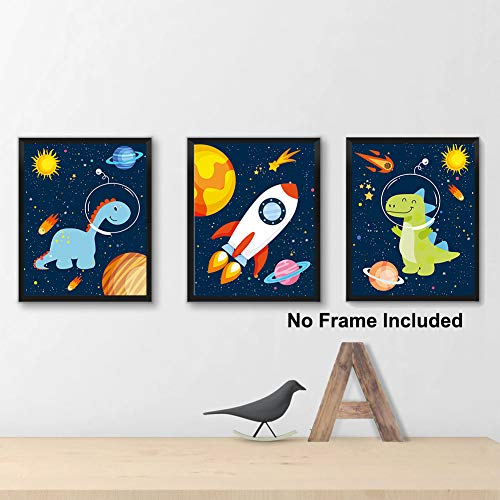 KAIRNE Dinosaur Outer Space Art Print, Solar System Planet Canvas Poster,Set of 4 (8X10inch,Unframed) Animal Astronaut Wall Art for Kid Room Decor - Image 3