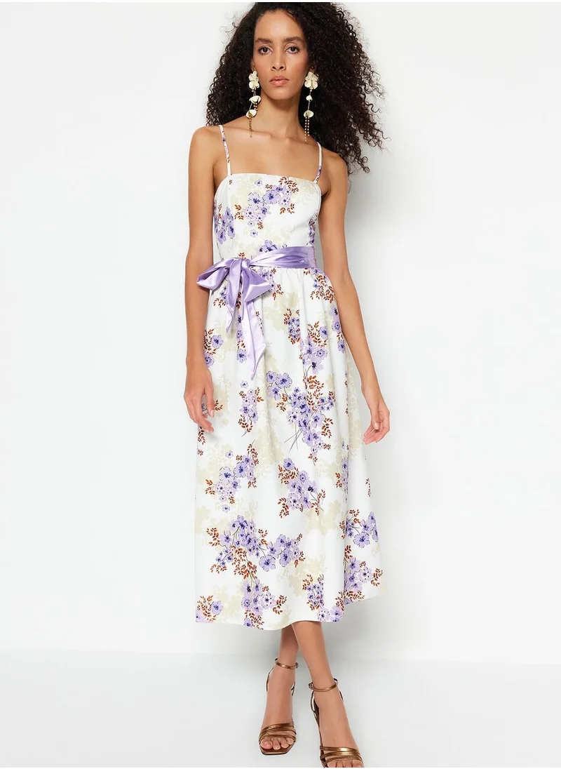 trendyol Belted Floral Print Skater Dress