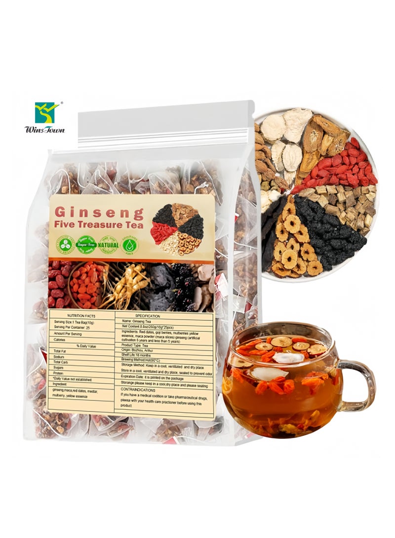 Wins Town Ginseng Five Treasure Tea - Kidney Wubao Tea, Ginseng Kidney Teas Formula Five Treasure Red Date Natural Chinese Herbal Teas, te de riñon Saludable Organica (1Pack(20Bags)) - Image 1