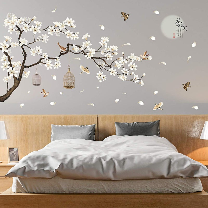 LiveGallery White Peach Blossm Flowers Wall Decals Removable DIY Tree Branches Birds Saying Art Decor Wall Stickers Murals for Living Room TV Background Kids Girls Rooms Bedroom 8 Sheets of 12x18