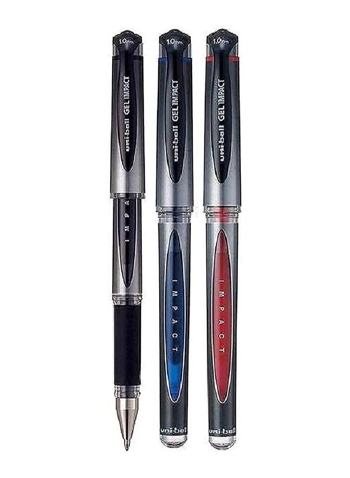Uniball Uni Ball Assorted Colour Pack Of Capped (UM-153S) Gel Impact Rollerball Pen Ball Point Pens Broad 1mm Nib Tip 0.6mm Line Width Ink (1 Of Each Colour - Black Blue Red - 3 Pens) 