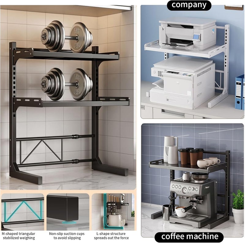 Adjustable Microwave Oven Rack Expandable Kitchen Shelf Stand Metal Kitchen Countertop Organizer Shelf Bakers Rack Shelf Kitchen Duty Stand Chopping Board Knife Rack Cutlery Cage (2 Tier White) - Image 2