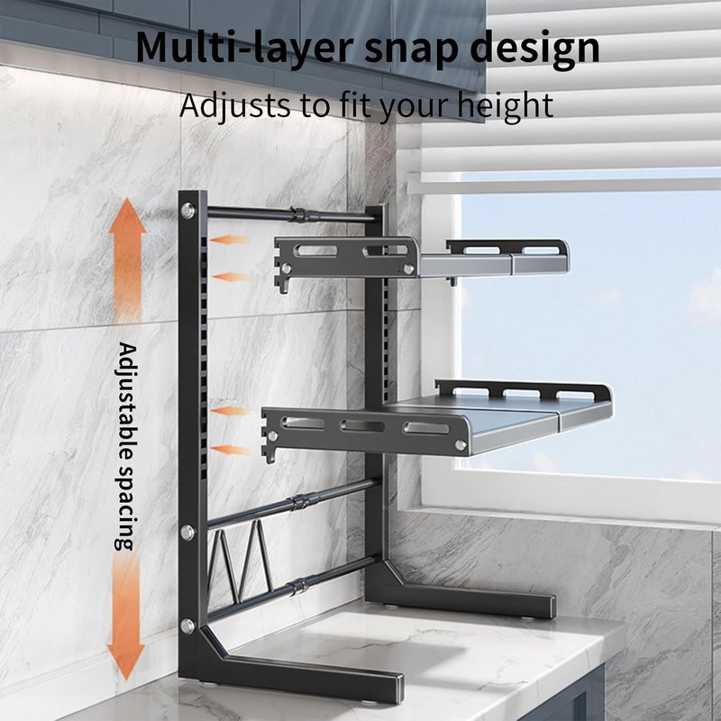 Adjustable Microwave Oven Rack Expandable Kitchen Shelf Stand Metal Kitchen Countertop Organizer Shelf Bakers Rack Shelf Kitchen Duty Stand Chopping Board Knife Rack Cutlery Cage (2 Tier White) - Image 3