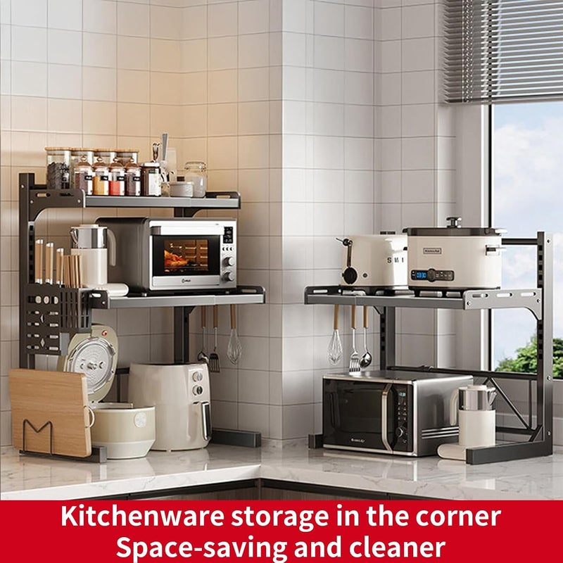 Adjustable Microwave Oven Rack Expandable Kitchen Shelf Stand Metal Kitchen Countertop Organizer Shelf Bakers Rack Shelf Kitchen Duty Stand Chopping Board Knife Rack Cutlery Cage (2 Tier White) - Image 5