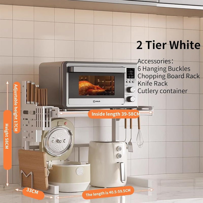 Adjustable Microwave Oven Rack Expandable Kitchen Shelf Stand Metal Kitchen Countertop Organizer Shelf Bakers Rack Shelf Kitchen Duty Stand Chopping Board Knife Rack Cutlery Cage (2 Tier White) - Image 1
