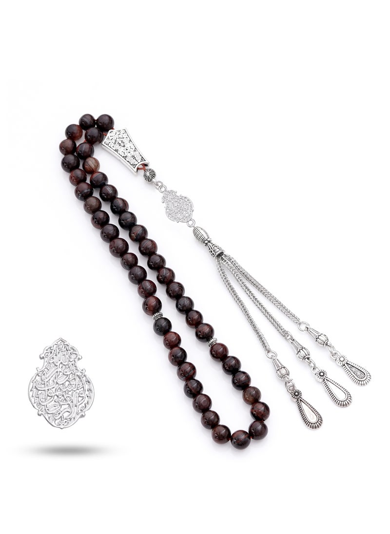 Subhati Prayer Beads (Misbah ) with metal Parts and Red Tiger Eye Stone | 8 MM Beads - 45 Pcs |Gandeel Writing 5  - Image 2
