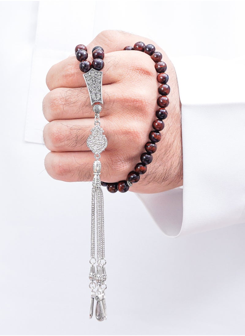 Subhati Prayer Beads (Misbah ) with metal Parts and Red Tiger Eye Stone | 8 MM Beads - 45 Pcs |Gandeel Writing 5  - Image 1