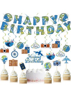 Zonon 38 Pieces Travel Theme Birthday Party Decorations The Place You'Ll Go Birthday Banner Let The Adventure Begin Hanging Swirls Bon Voyage Cake Toppers For Birthday Baby Shower Party Supplies  - Image 1