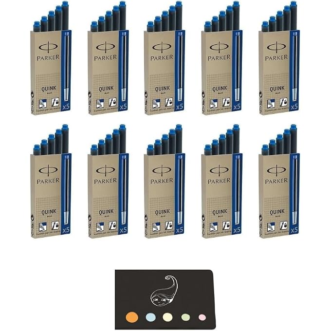Parker Quink Ink Cartridges Pack of 50 Long Blue + 1 Blumie Wooden Bookmark Ruler
