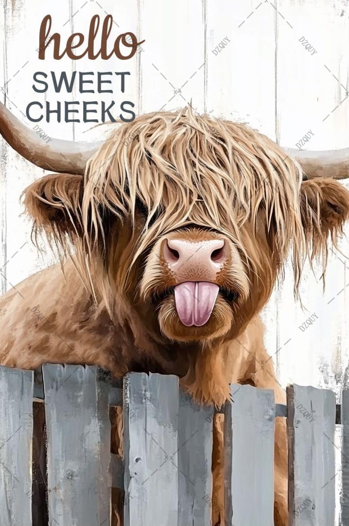 DZQUY Highland Cow Metal Tin Sign: 12x8 Inch Funny Bathroom Decor with "Hello Sweet Cheeks"Design, Vintage Wall Art for Toilet, Farmhouse Pub, Home & Office, Waterproof Retro Tin Poster - Image 1